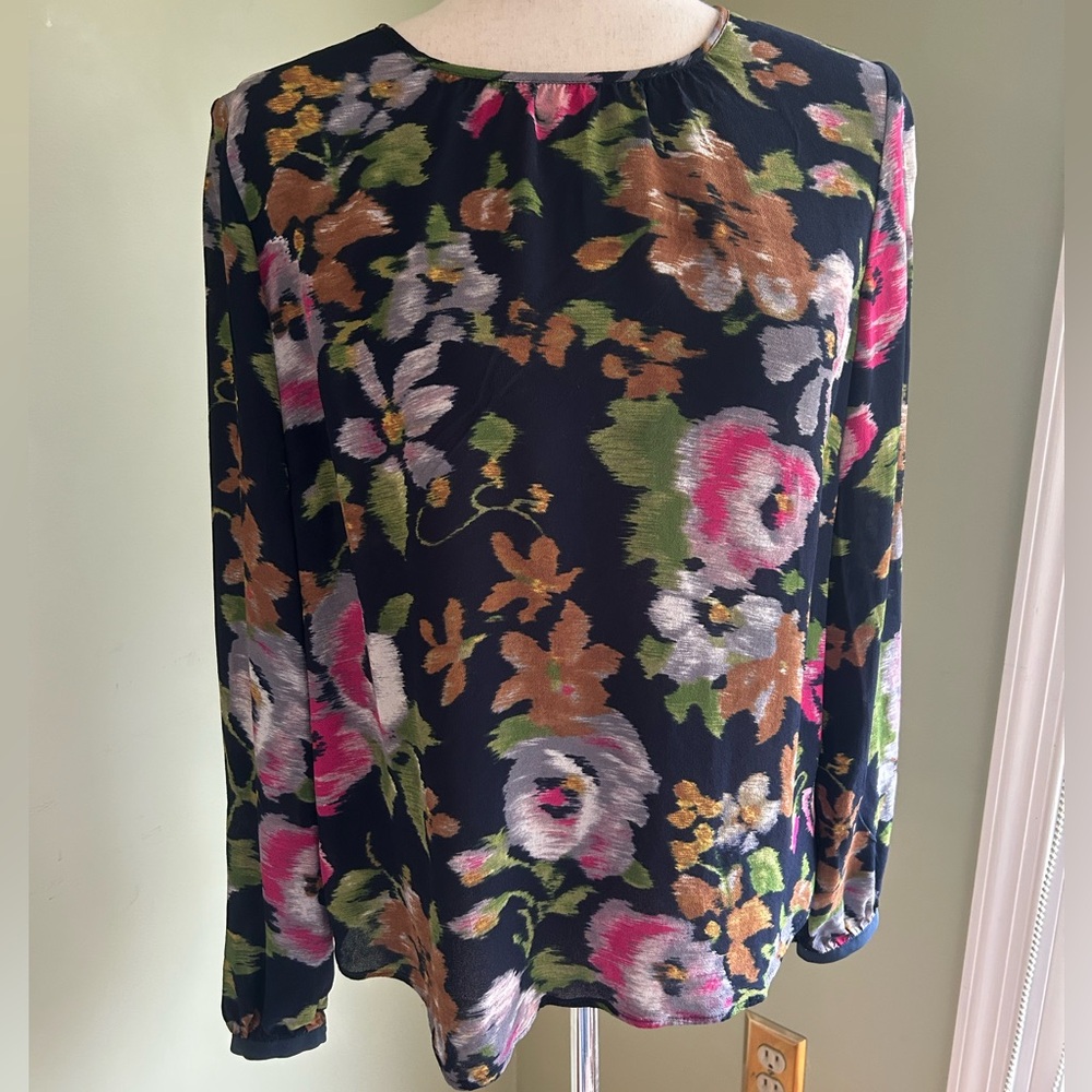 Brooks Brothers viscose floral blouse. Navy base w/pinks, green Long sleeves. 12